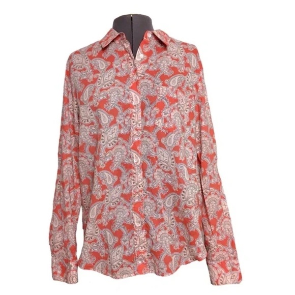 Ann Taylor | Coral Paisley Button Down Roll Tab Shirt, Small - Picture 1 of 7